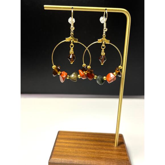 Earthy Gemstone - Glass Hoop Earrings, Gold Plated Hoops, Dangle Drop Earrings, - Picture 4 of 6